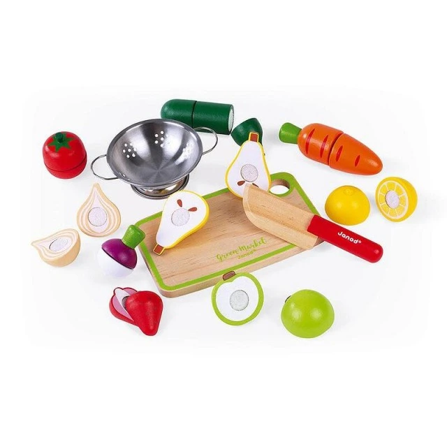 Wooden crate with fruits and vegetables for cutting