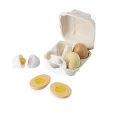 Wooden eggs in a cardboard box
