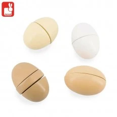 Wooden eggs in a cardboard box