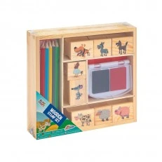 Grafix Комплект дървени печати и цветни моливи, в кутия, асорти