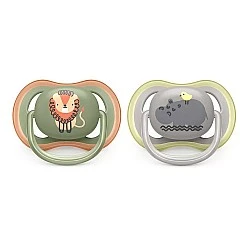Pacifiers Ultra Air 6-18m gray and green with Lion and Hippopotamus decor