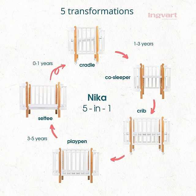 Трансформиращо Легло 5в1 Nika 60x95/60x120см Сив + Натур Ingvart