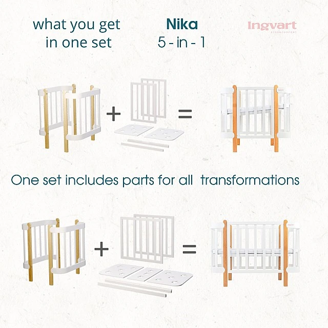 Трансформиращо Легло 5в1 Nika 60x95/60x120см Сив + Натур Ingvart