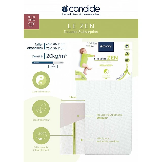 Zen mattress with bamboo cover for bed 60 x 120 cm (10 cm thick) Candide