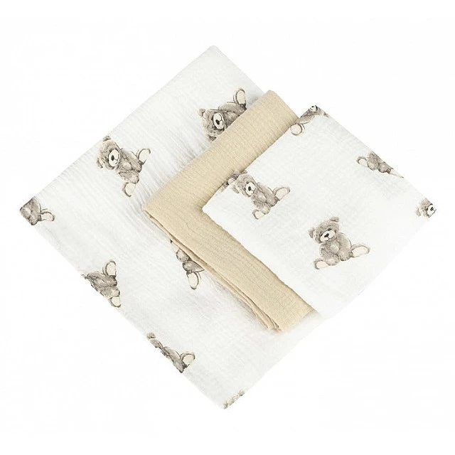 Muslin Diapers 3 Sizes 120X120 70X60 30X35 Bears Beige Sensillo