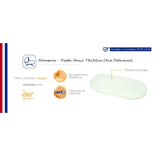 Mattress for newborn carrycot 73 x 32 cm (4 cm thick) Candide