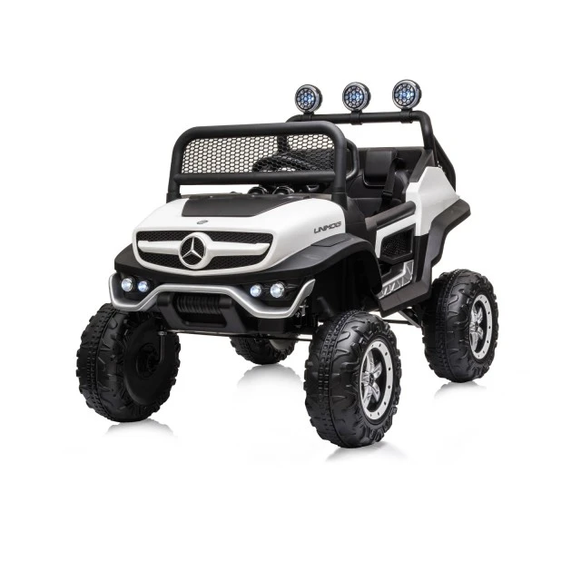 Акумулаторен джип Mercedes UNIMOG бял EVA, кожена