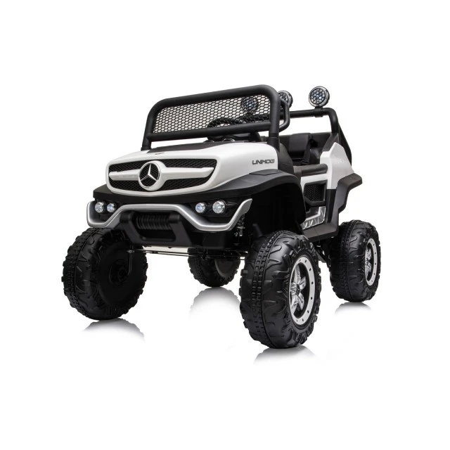 Акумулаторен джип Mercedes UNIMOG бял EVA, кожена
