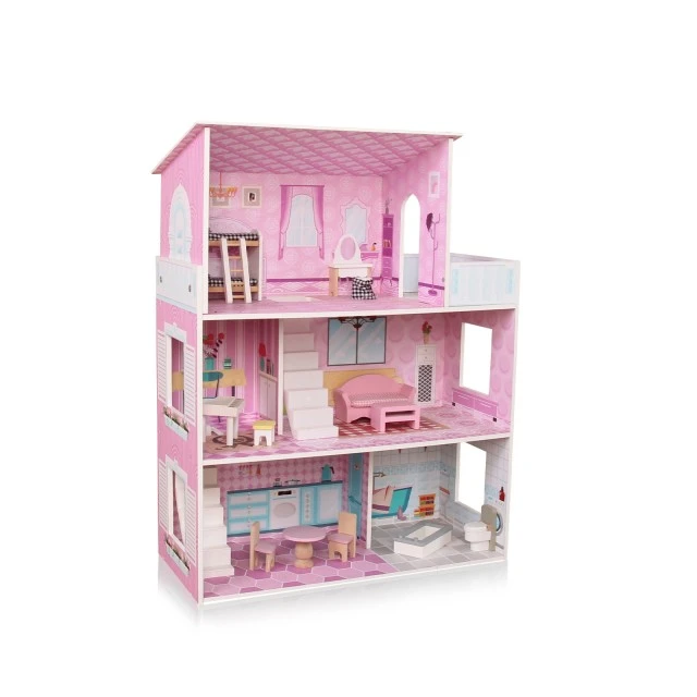 Wooden dollhouse with 13 pieces of furniture