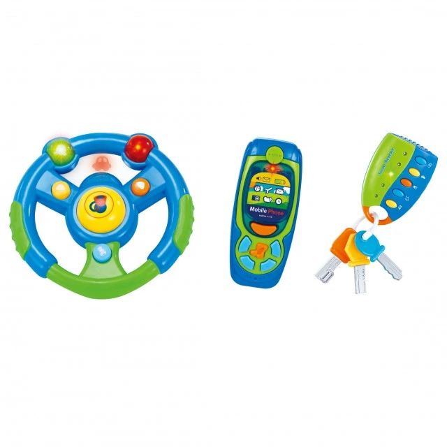 Toy steering wheel with remote control and key