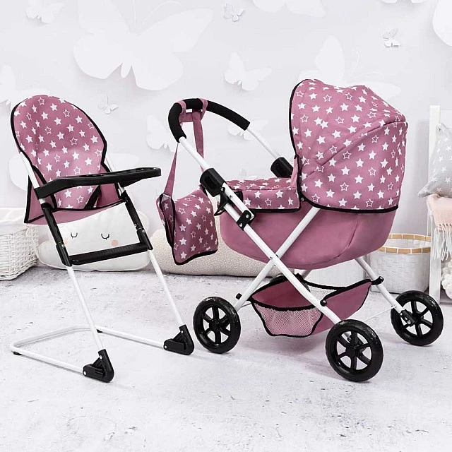 BAYER Количка за кукли с чанта COSY и столче за хранене розови