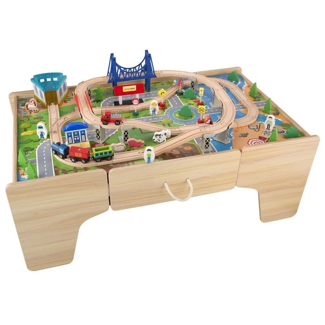 Wooden Train Composition on Table - 80 pieces