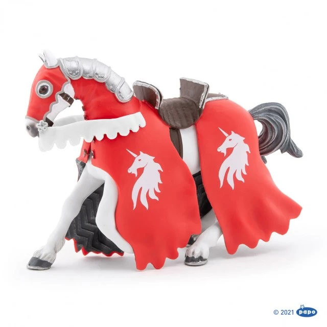 Figurine of a knight’s horse with a spear in red