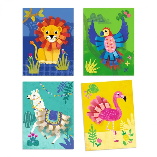 Collages with paper strips animals and birds