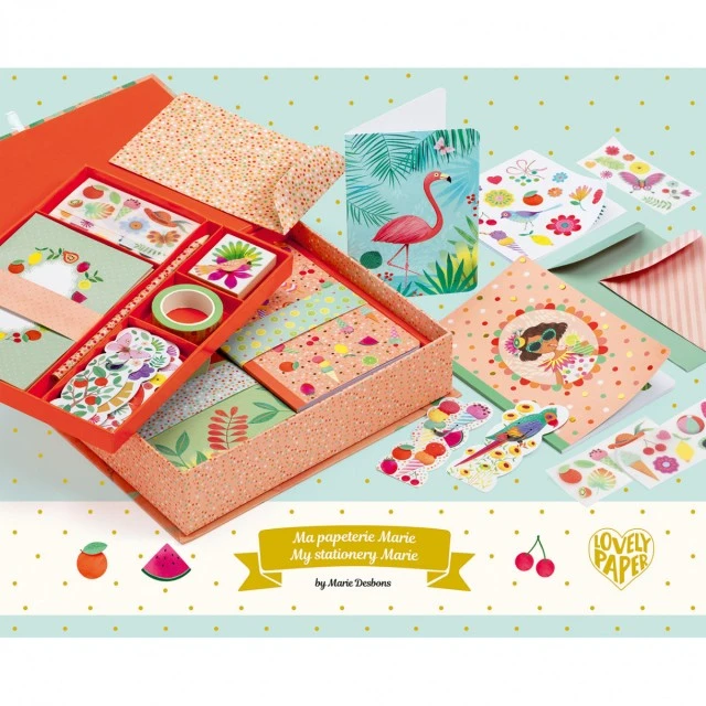 A box of Marie cards, stickers and notebooks