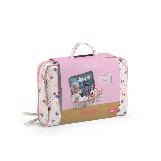 Baby doll toy in a suitcase with clothes and accessories