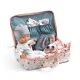 Baby doll toy in a suitcase with clothes and accessories