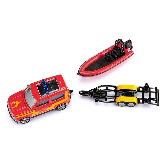 Toy fire truck Land Rover towing boat
