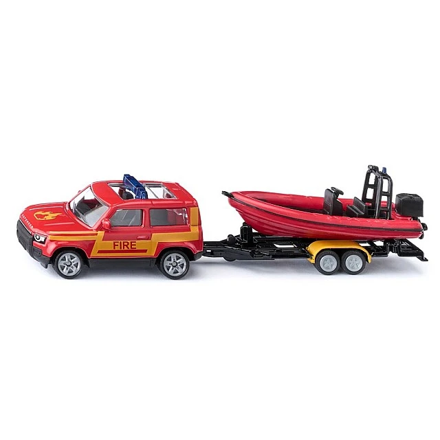 Toy fire truck Land Rover towing boat