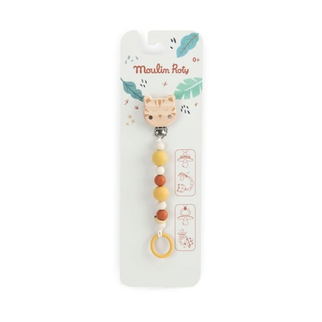 Wooden pacifier chain with kitten clip