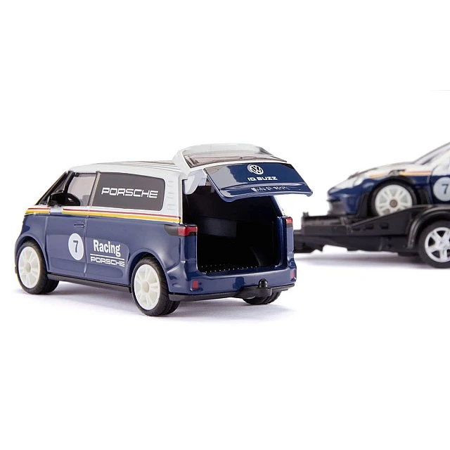 VW ID. Buzz toy with trailer and Porsche racing car