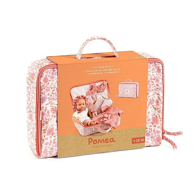 Baby doll toy Lily in a suitcase with clothes and accessories