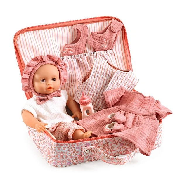 Baby doll toy Lily in a suitcase with clothes and accessories