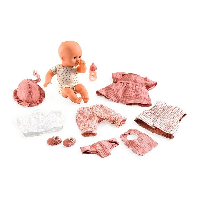 Baby doll toy Lily in a suitcase with clothes and accessories