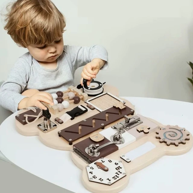 Wooden Busy Board Bear GINGER HOME, Montessori Board for Fine Motor Skills, 30x39 cm