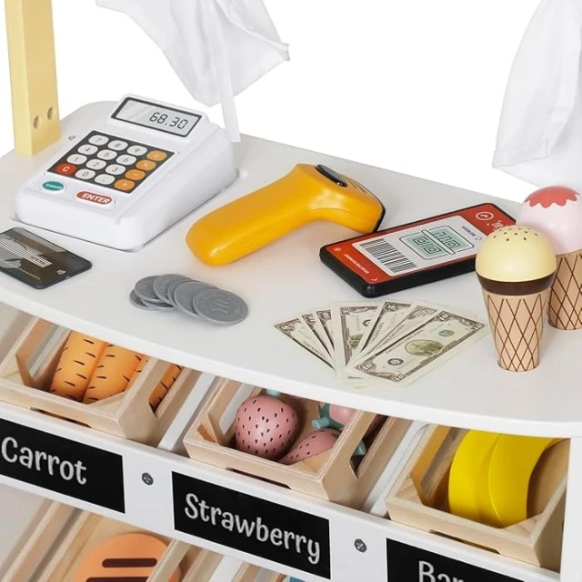 Wooden Kids Shop and Theatre 2-in-1 GINGER HOME, role-play, with till, POS terminal and scanner with sound, toys and accessories, 45x24x97.5 cm, for kids 3+