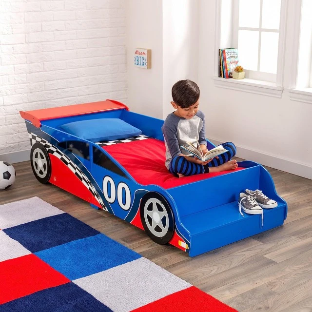 Wooden Children’s Bed Car Racing with Built-in Step and Safety Frame - RACE
