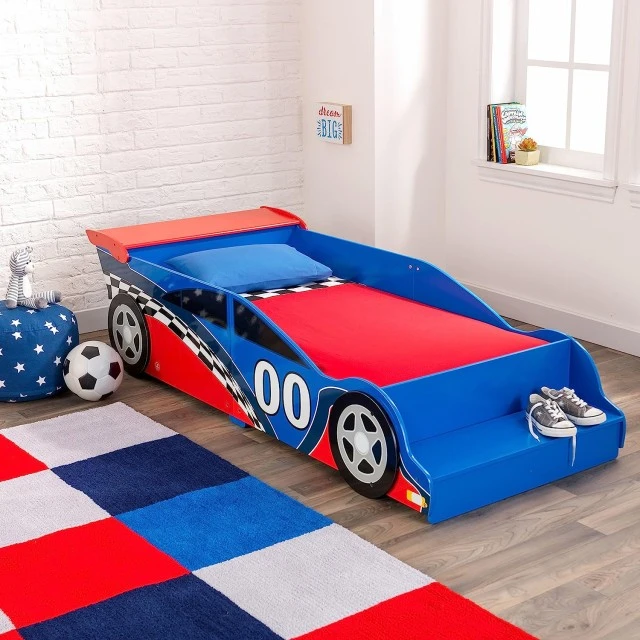 Wooden Children’s Bed Car Racing with Built-in Step and Safety Frame - RACE