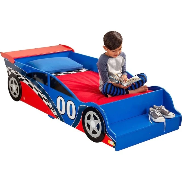 Wooden Children’s Bed Car Racing with Built-in Step and Safety Frame - RACE