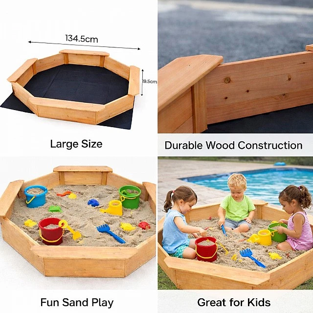 Children's wooden sandbox GINGER HOME – 8-sided model with 4 seats, 134.5×134.5 cm