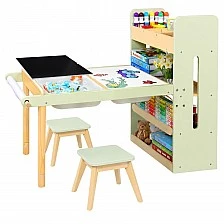 GINGER HOME 3-in-1 Children's Active Table with 2 Chairs, Sensory Sand and Water Table, White and Black Board, Shelf and Organizer, 107x49x78 cm