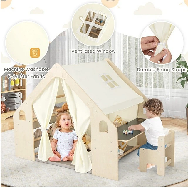 Children's Wooden Playhouse 6 in 1 GINGER HOME – Chair, Table, Blackboard, Organizer, Awning and Soft Pad