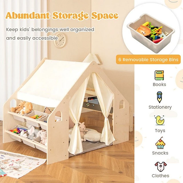 Children's Wooden Playhouse 6 in 1 GINGER HOME – Chair, Table, Blackboard, Organizer, Awning and Soft Pad