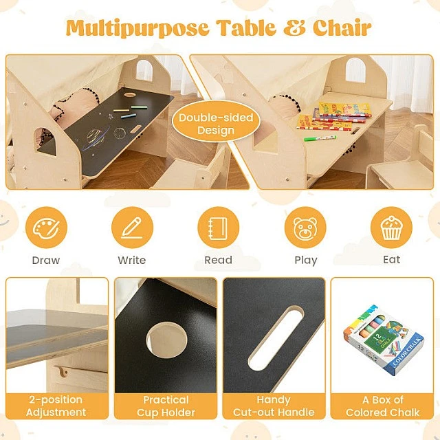 Children's Wooden Playhouse 6 in 1 GINGER HOME – Chair, Table, Blackboard, Organizer, Awning and Soft Pad