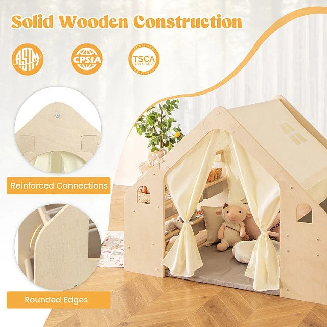 Children's Wooden Playhouse 6 in 1 GINGER HOME – Chair, Table, Blackboard, Organizer, Awning and Soft Pad