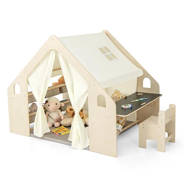 Children's Wooden Playhouse 6 in 1 GINGER HOME – Chair, Table, Blackboard, Organizer, Awning and Soft Pad