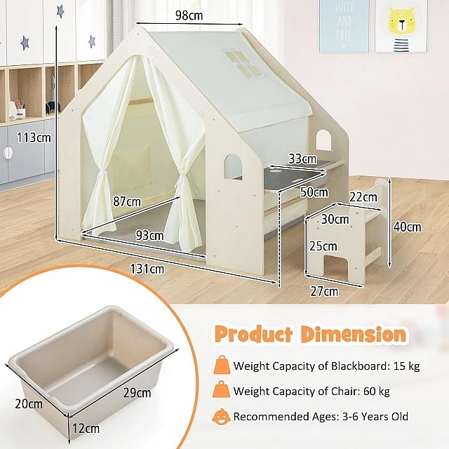 Children's Wooden Playhouse 6 in 1 GINGER HOME – Chair, Table, Blackboard, Organizer, Awning and Soft Pad