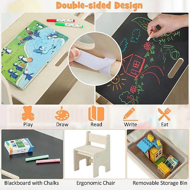 Children's Wooden Playhouse 6 in 1 GINGER HOME – Chair, Table, Blackboard, Organizer, Awning and Soft Pad