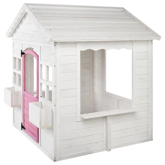 Children's Wooden Playhouse GINGER HOME – Garden House with Windows and Pots, White, 123×106×125 cm