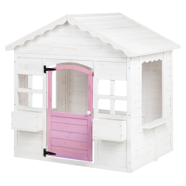 Children's Wooden Playhouse GINGER HOME – Garden House with Windows and Pots, White, 123×106×125 cm