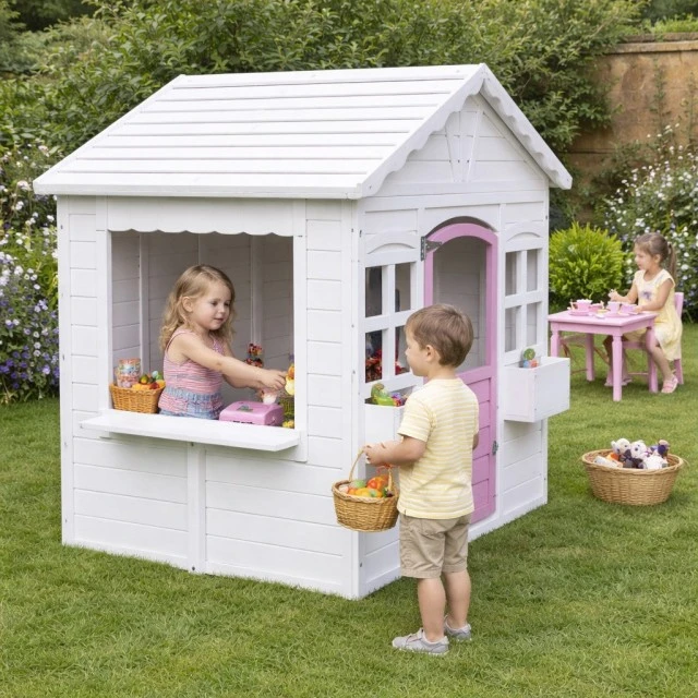 Children's Wooden Playhouse GINGER HOME – Garden House with Windows and Pots, White, 123×106×125 cm