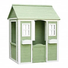 Детска Дървена Къщичка за Игра на Открито GINGER HOME – Градинска Къща за Деца, Зелено и Бяло, 107×90×144 см