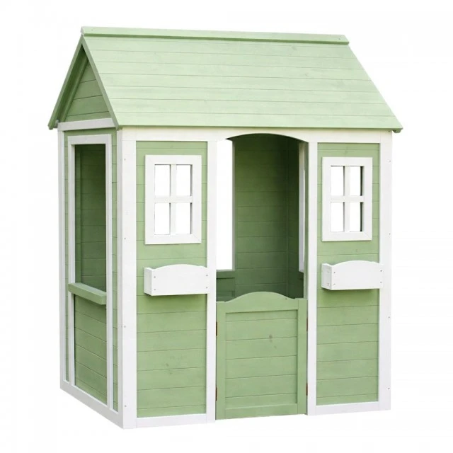 Children's Wooden Outdoor Playhouse GINGER HOME – Garden House for Children, Green and White, 107×90×144 cm