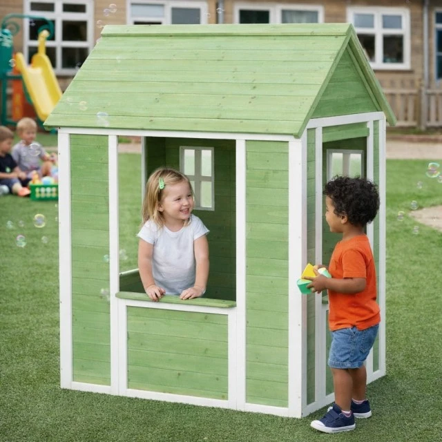 Children's Wooden Outdoor Playhouse GINGER HOME – Garden House for Children, Green and White, 107×90×144 cm