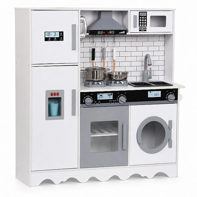 GINGER HOME Children's Wooden Kitchen with Refrigerator, Sink with Running Water, Microwave, Washing Machine and Electronic Functions, 97x30x94 cm