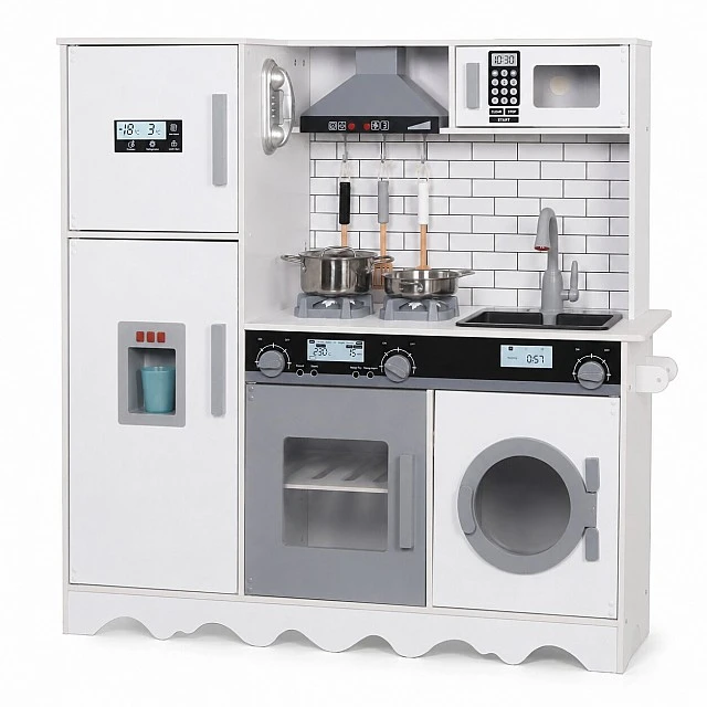 GINGER HOME Children's Wooden Kitchen with Refrigerator, Sink with Running Water, Microwave, Washing Machine and Electronic Functions, 97x30x94 cm